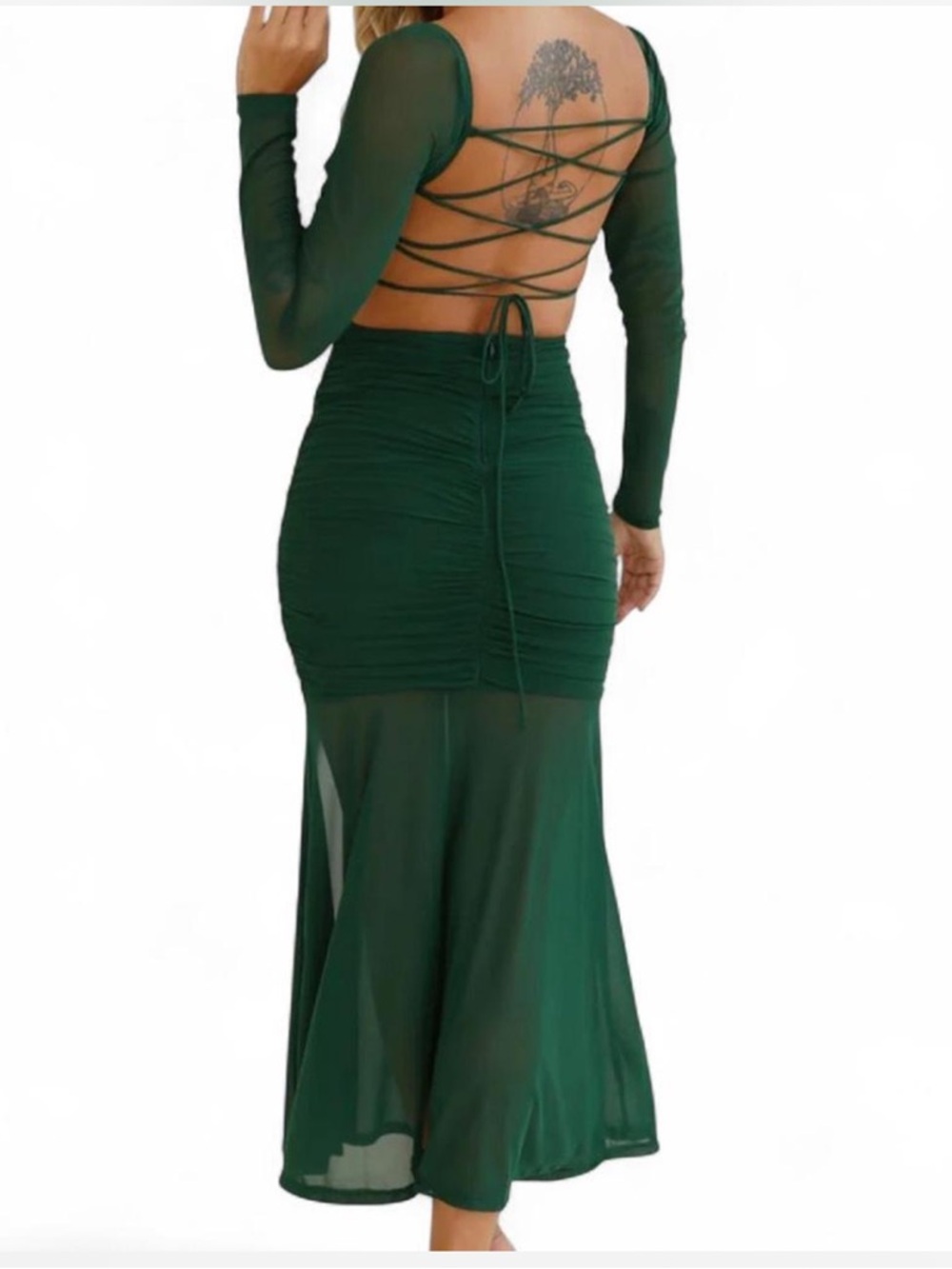 NWT - Hello Molly Grand Gesture Sheer Mesh Sleeve Ruched Maxi Dress - green